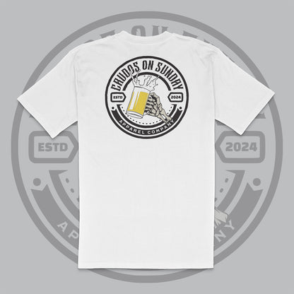 White t-shirt with skeleton hand holding a beer mug inside a bold Crudos On Sunday crest