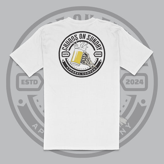 White t-shirt with skeleton hand holding a beer mug inside a bold Crudos On Sunday crest