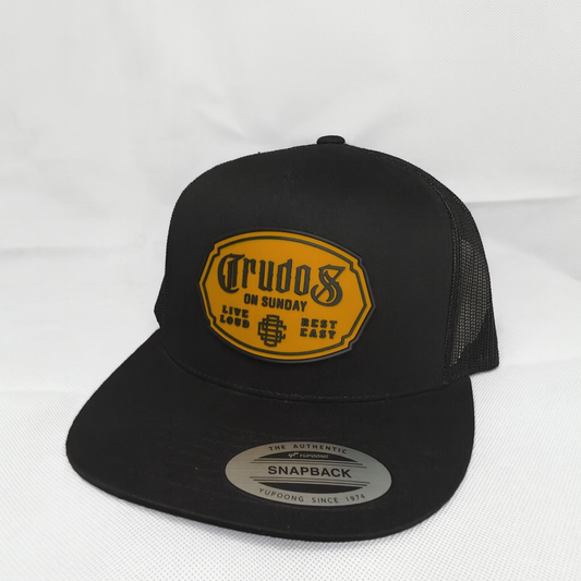 Black trucker cap with yellow logo on a white background